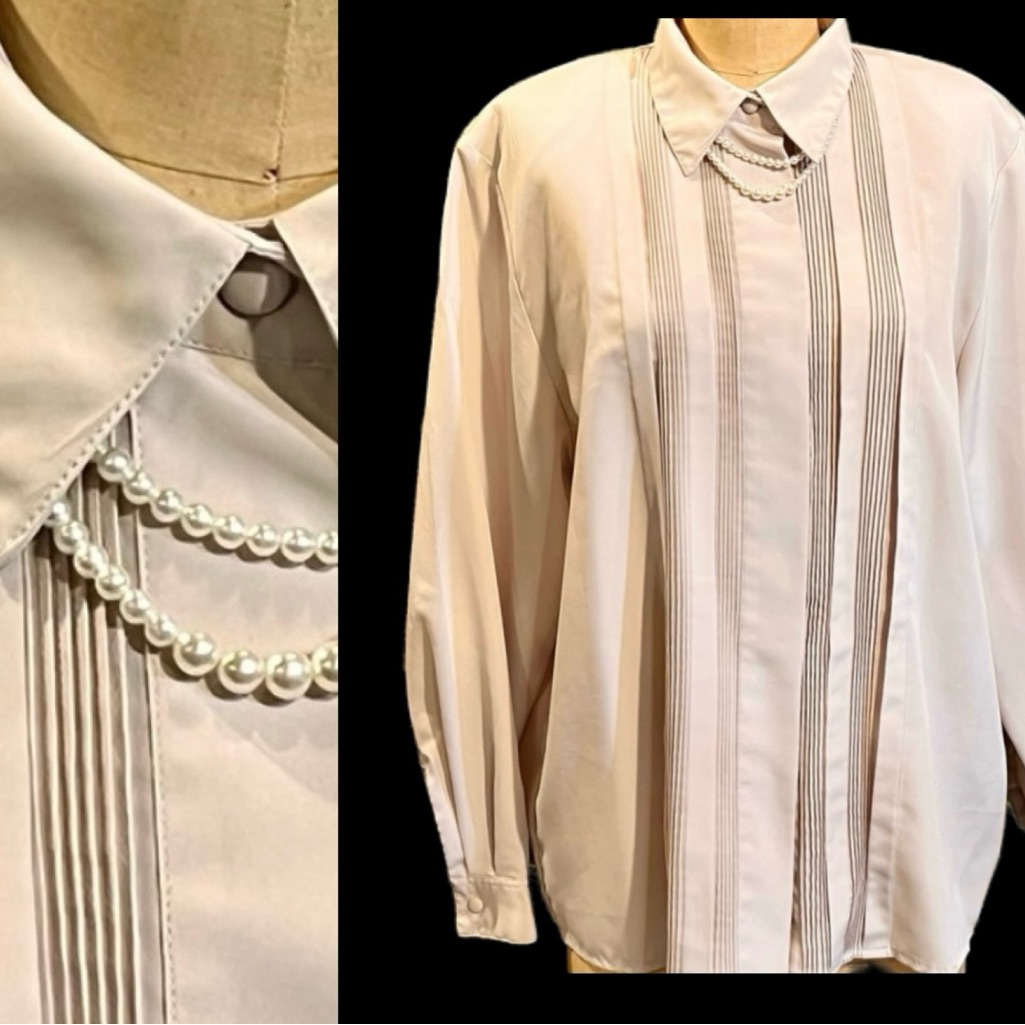 Vintage 80s 90s Pleated Blouse Pearl Beaded Choker Necklace Beige Cream